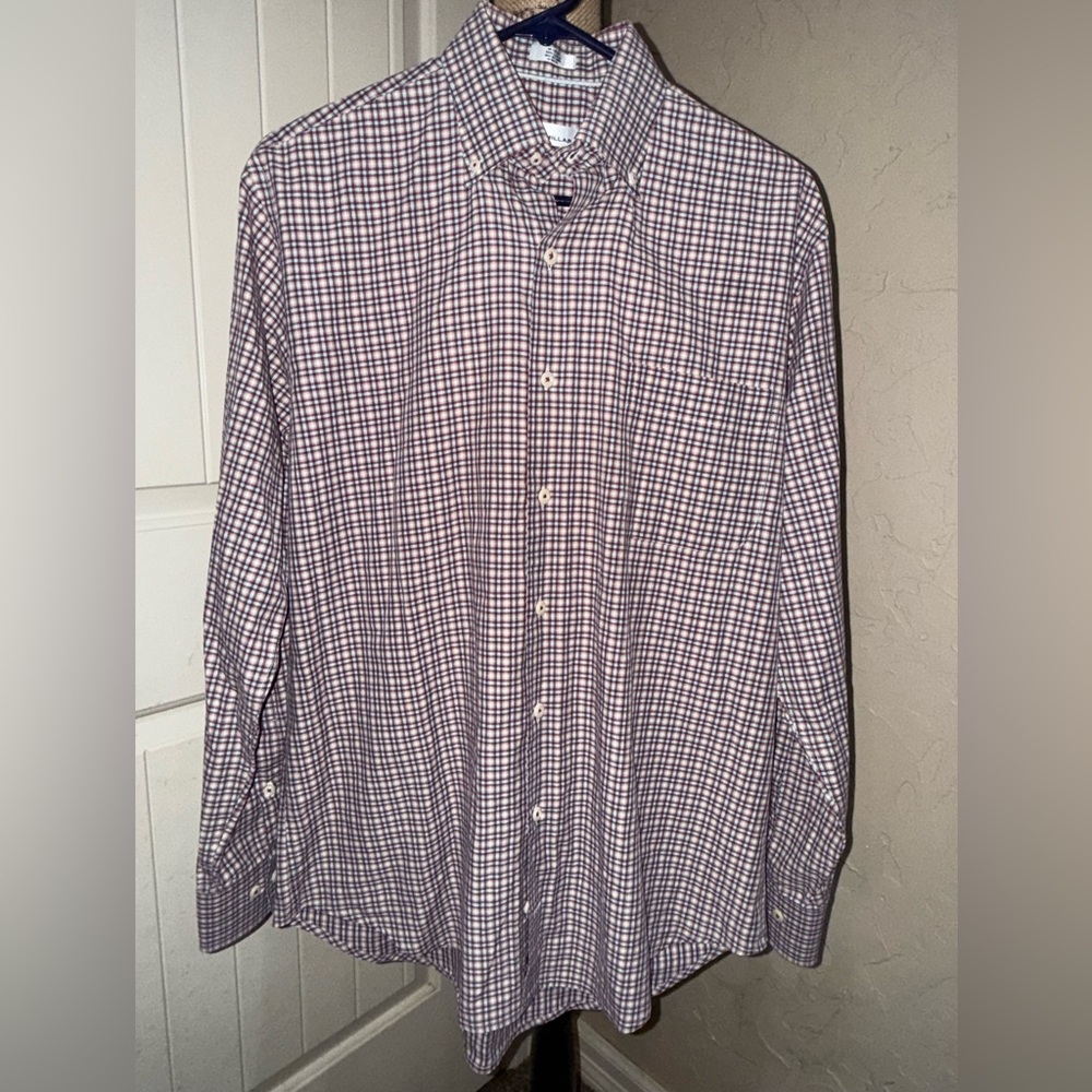 Peter Millar Cotton Comfort Button Down Shirt Red Blue Plaid Mens Medium